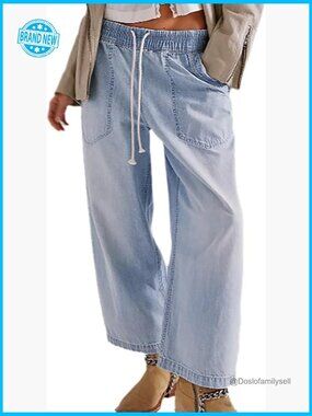 Cropped Wide Leg Boyfriend Jeans Drawstring Waist Casual Chic Y2K Denim Pants